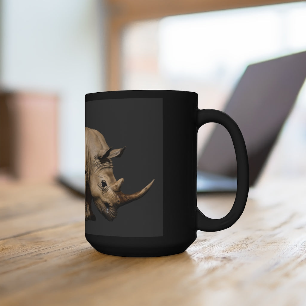 Rhino Black Mug 15oz featuring a sleek black ceramic design with rounded corners and a comfortable C-handle.