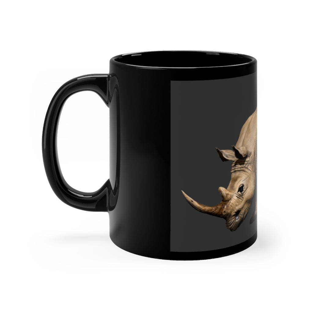 Rhino Black mug 11oz, featuring a sleek black ceramic design with rounded corners and a comfortable C-handle.