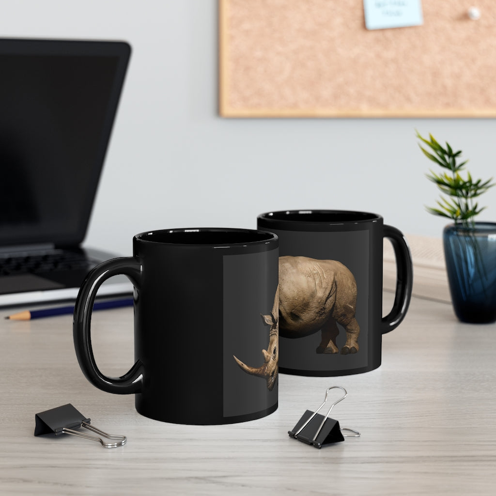 Rhino Black mug 11oz, featuring a sleek black ceramic design with rounded corners and a comfortable C-handle.