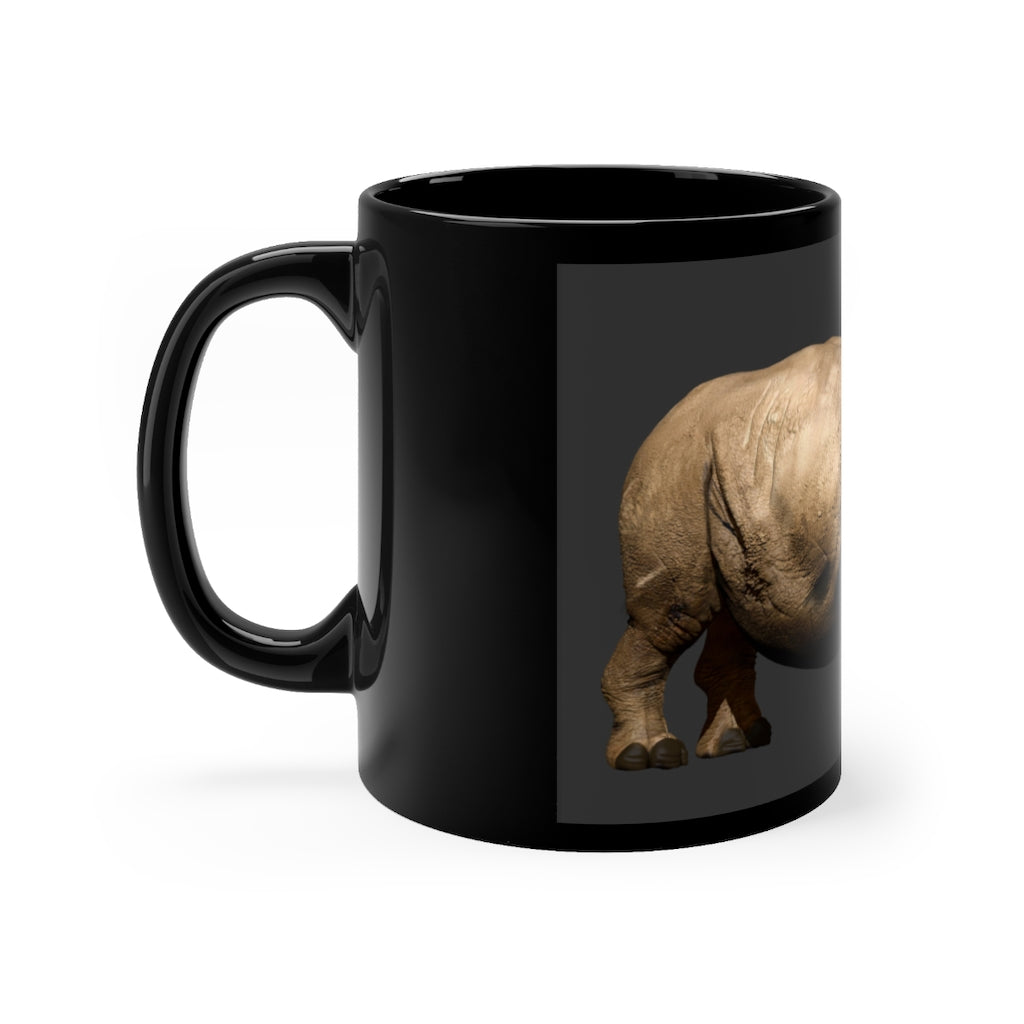 Rhino Black mug 11oz, featuring a sleek black ceramic design with rounded corners and a comfortable C-handle.