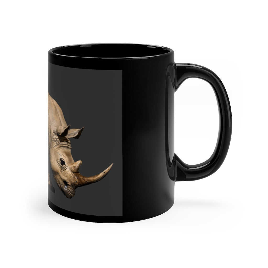 Rhino Black mug 11oz, featuring a sleek black ceramic design with rounded corners and a comfortable C-handle.