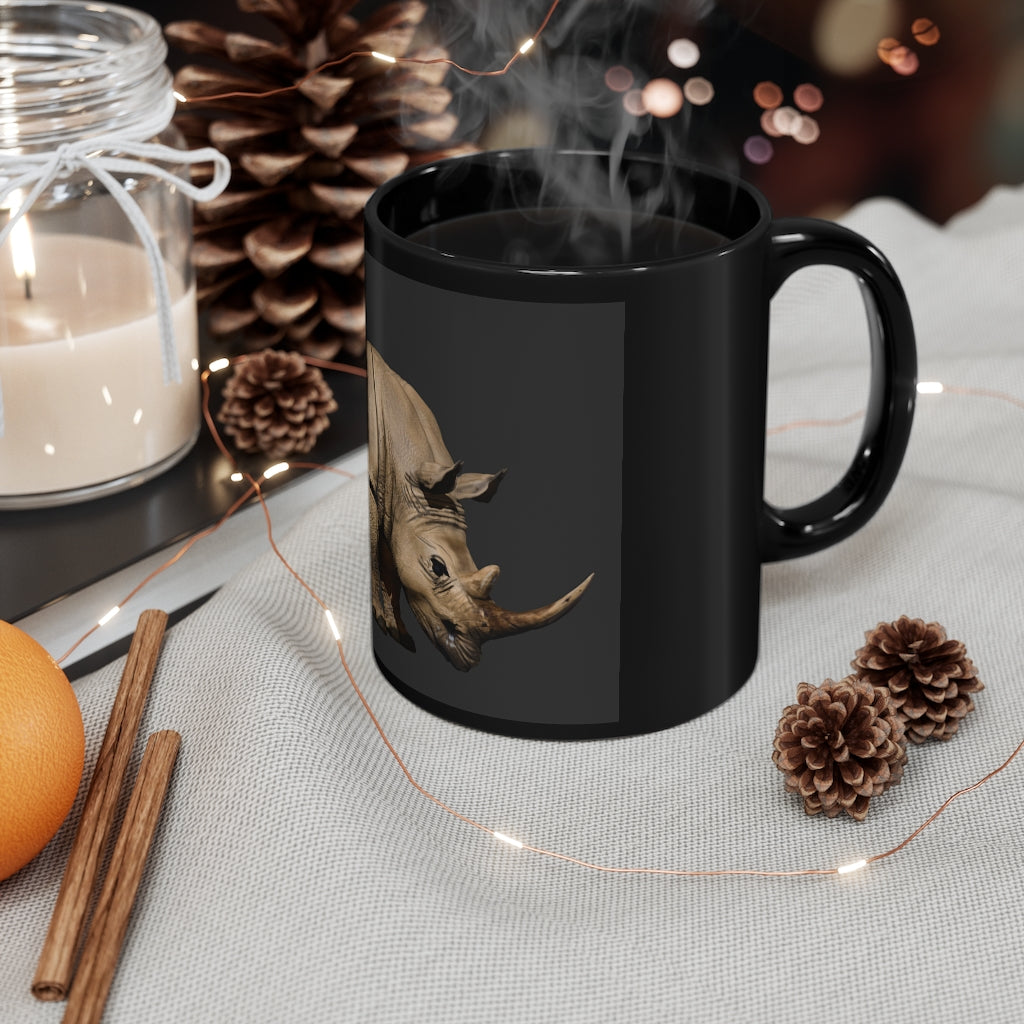 Rhino Black mug 11oz, featuring a sleek black ceramic design with rounded corners and a comfortable C-handle.