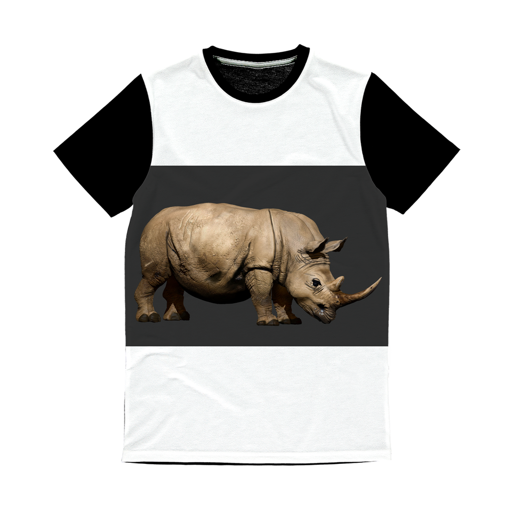 Rhino Character Classic Sublimation Panel T-Shirt featuring a vibrant sublimation front and plain black back, ideal for custom printing.