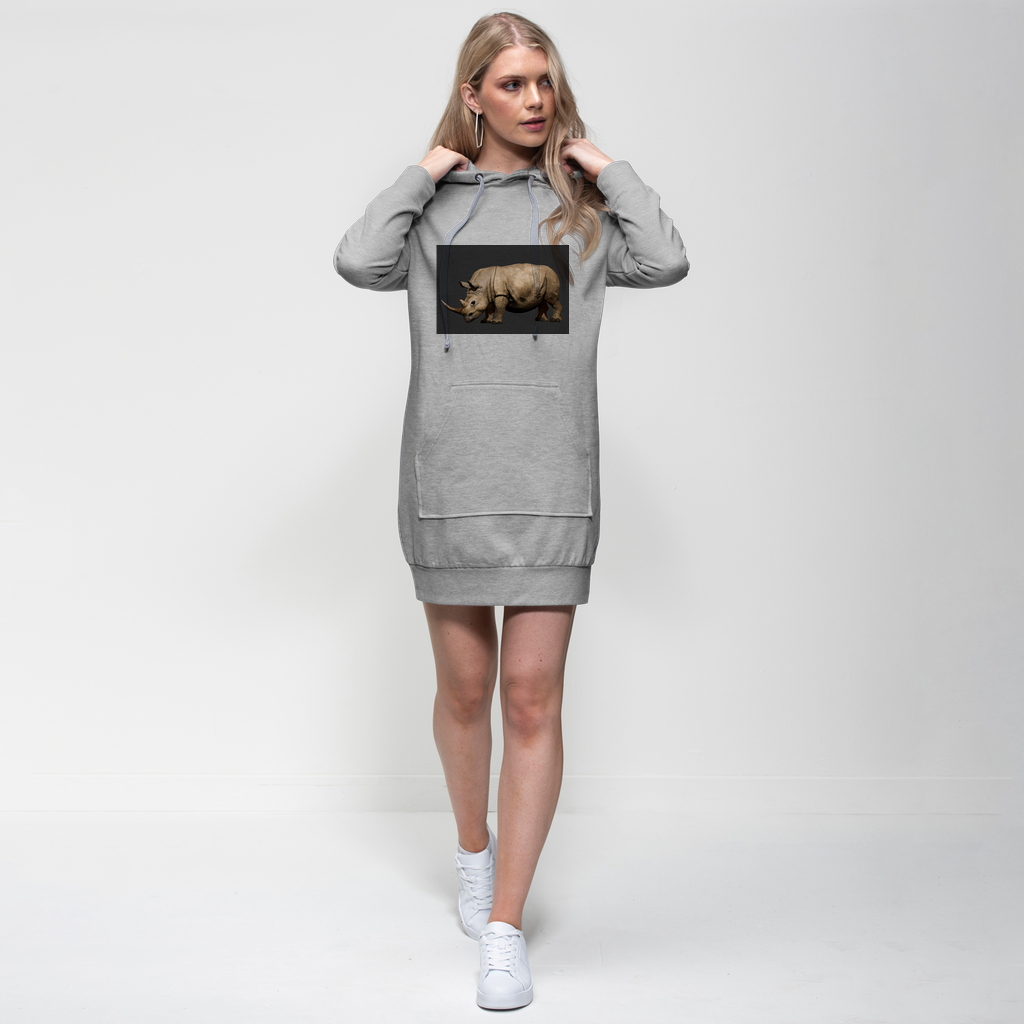 Rhino Character Premium Adult Hoodie Dress featuring a relaxed fit, hood with drawstring, and kangaroo pouch pocket in a stylish design.