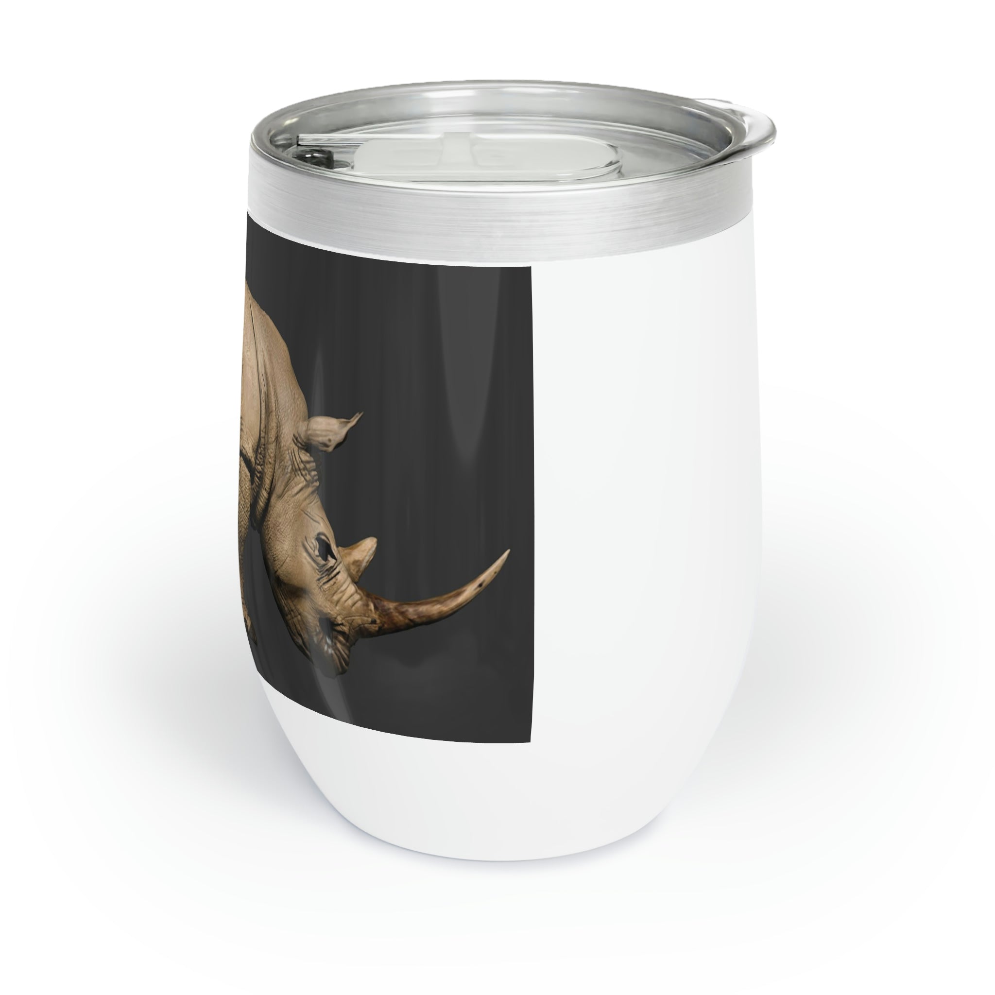 Rhino Chill Wine Tumbler in stainless steel with customizable design, perfect for keeping drinks hot or cold.