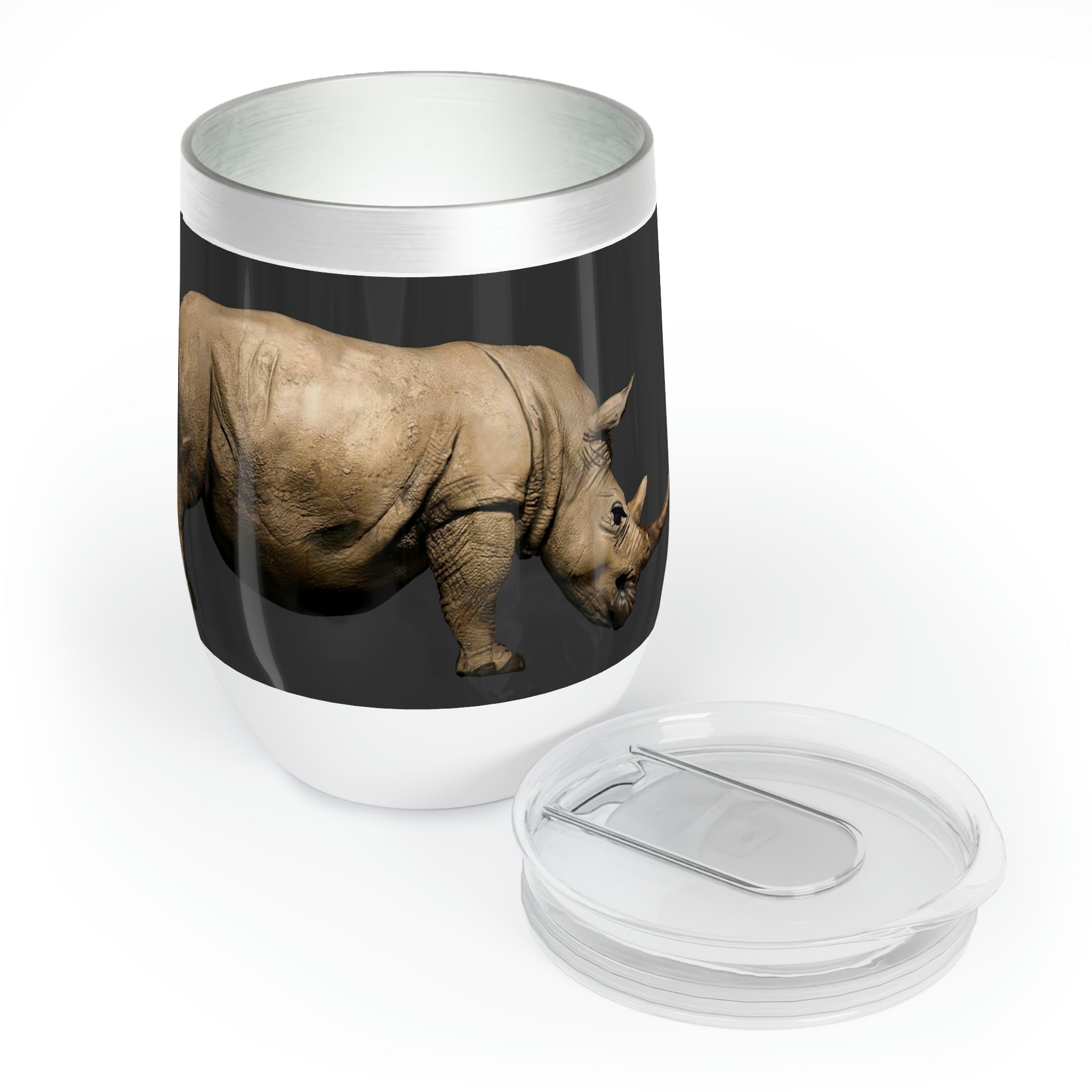 Rhino Chill Wine Tumbler in stainless steel with customizable design, perfect for keeping drinks hot or cold.