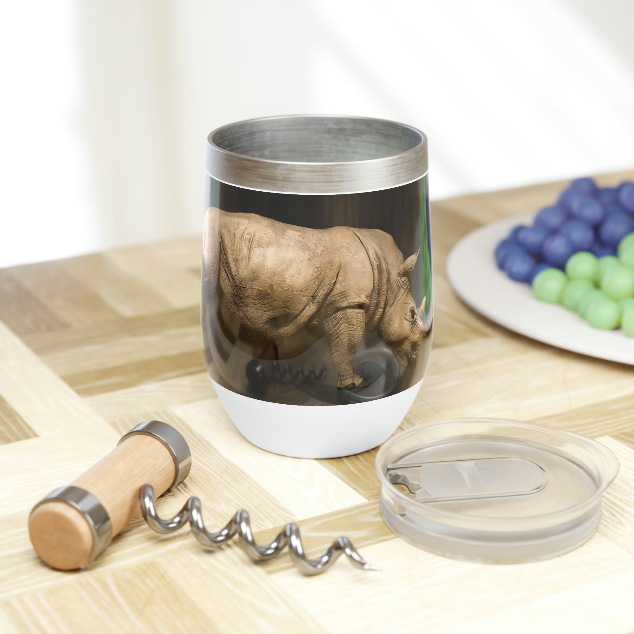 Rhino Chill Wine Tumbler in stainless steel with customizable design, perfect for keeping drinks hot or cold.