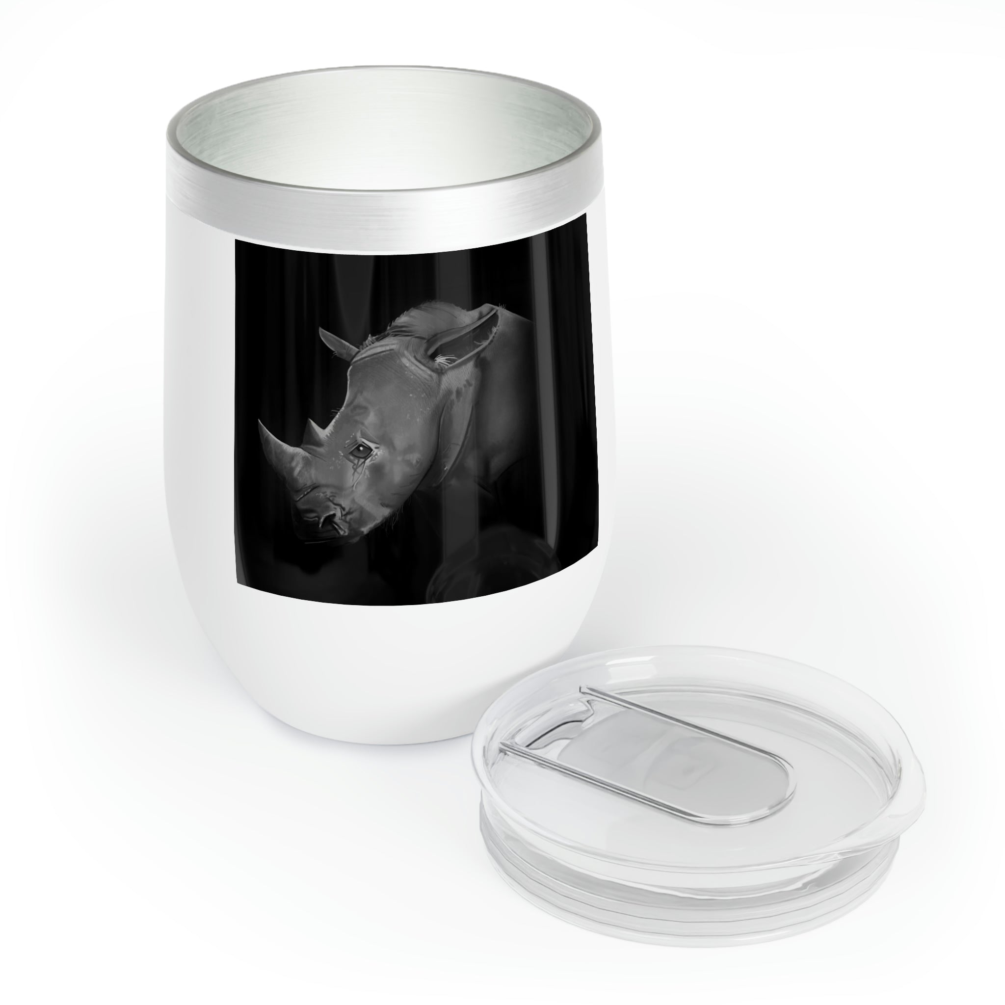 Rhino Chill Wine Tumbler in stainless steel with a customizable design, showcasing its double-insulated walls and stemless shape.