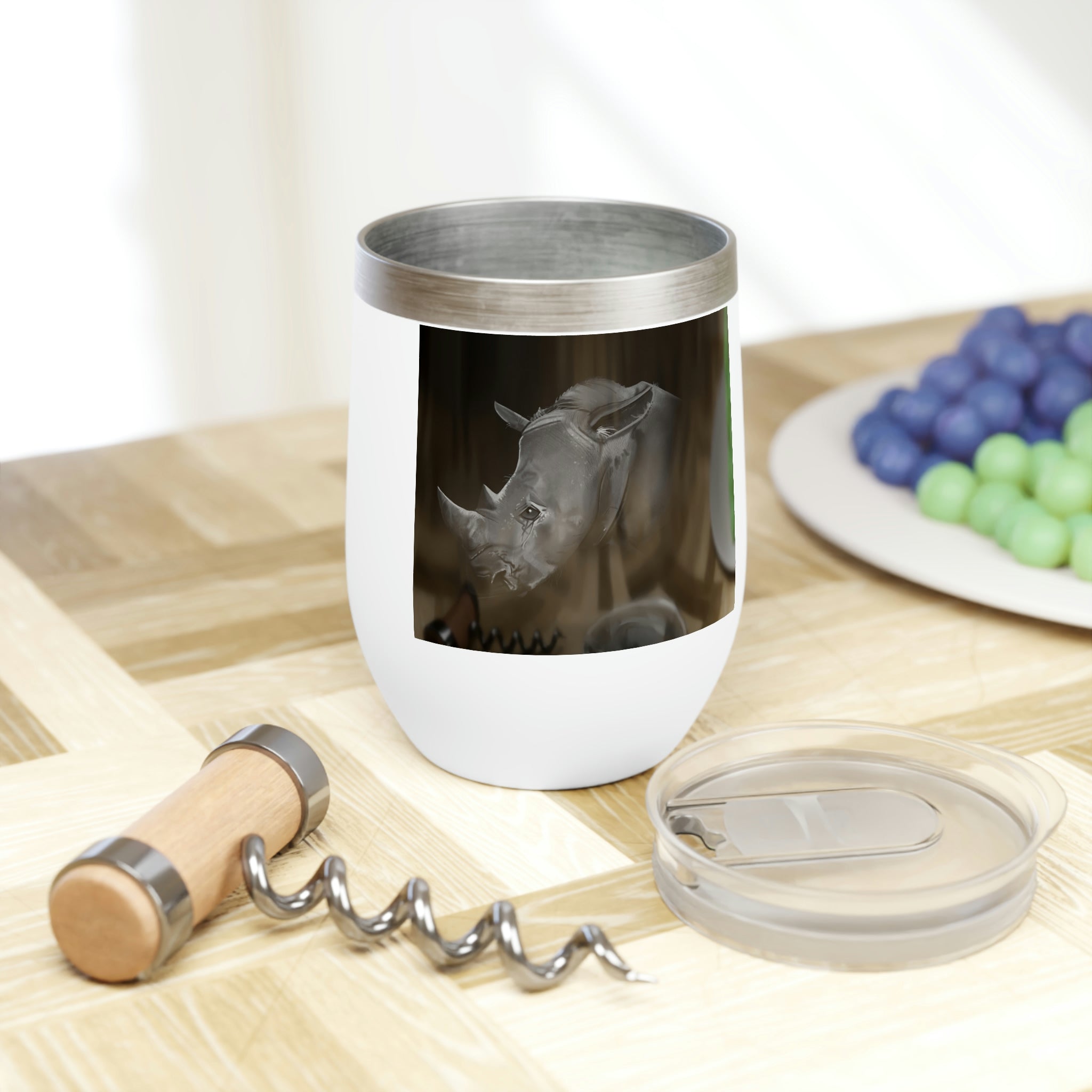 Rhino Chill Wine Tumbler in stainless steel with a customizable design, showcasing its double-insulated walls and stemless shape.