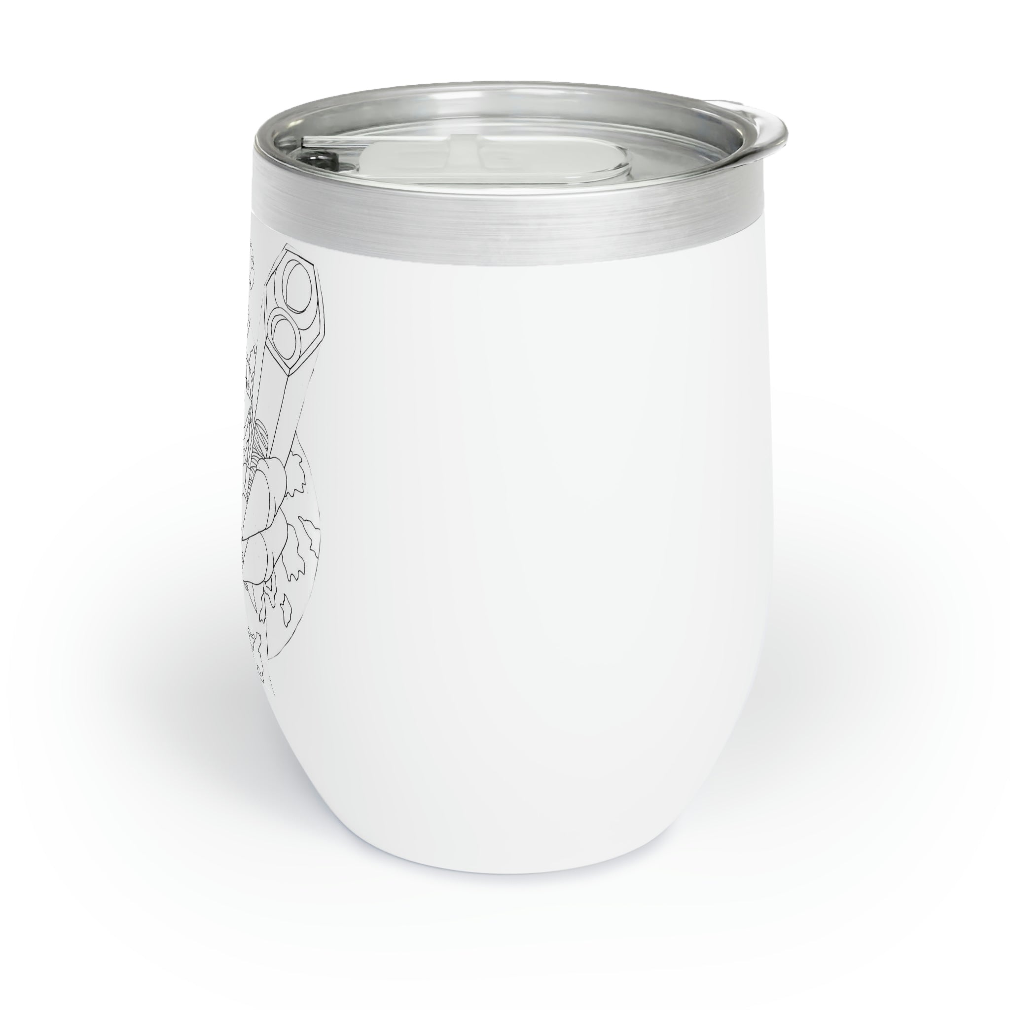 Rhino Chill Wine Tumbler in stainless steel with a customizable design, showcasing its double-insulated walls and stemless shape.