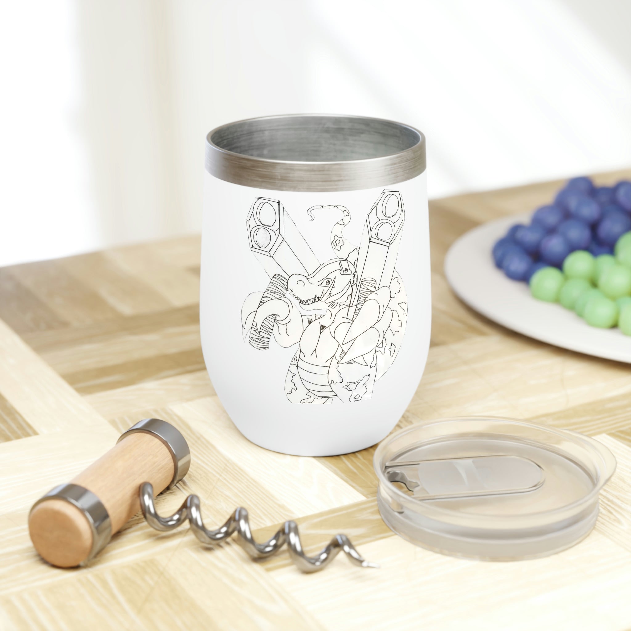 Rhino Chill Wine Tumbler in stainless steel with a customizable design, showcasing its double-insulated walls and stemless shape.