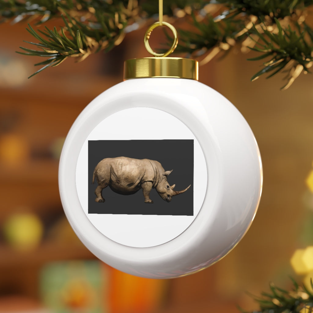 A beautifully crafted Rhino Christmas Ball Ornament with a glossy finish and gold ribbon, showcasing a vintage style perfect for holiday decor.