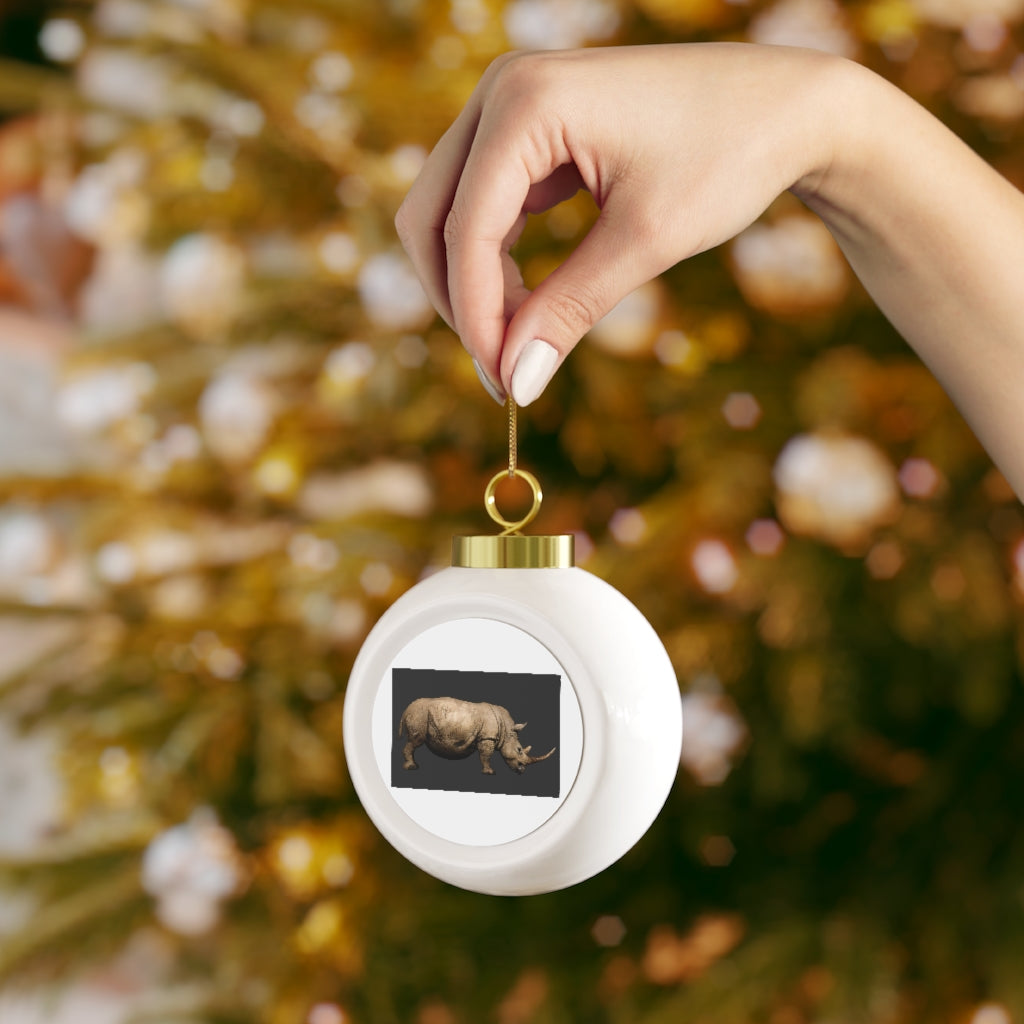 A beautifully crafted Rhino Christmas Ball Ornament with a glossy finish and gold ribbon, showcasing a vintage style perfect for holiday decor.