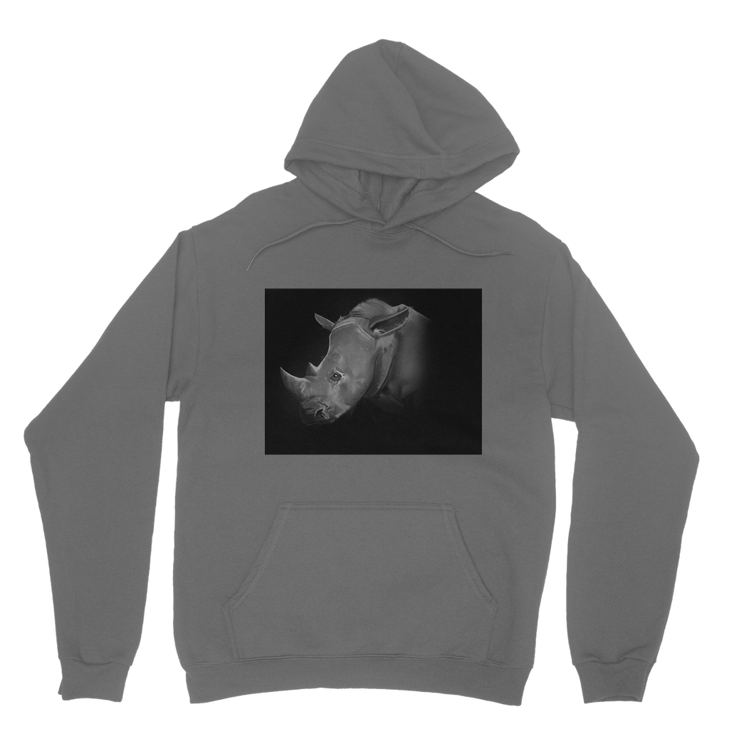 Rhino Classic Adult Hoodie featuring a double fabric hood, kangaroo pouch pocket, and ribbed cuffs, ideal for customization.