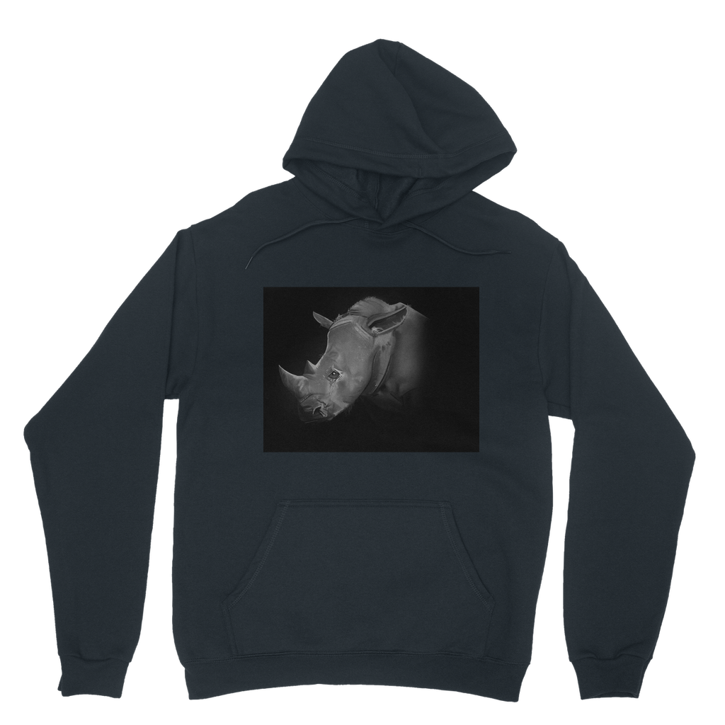 Rhino Classic Adult Hoodie featuring a double fabric hood, kangaroo pouch pocket, and ribbed cuffs, ideal for customization.