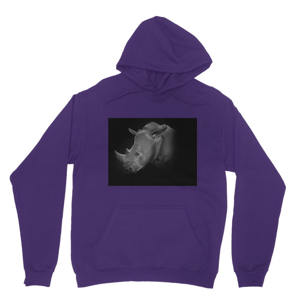 Rhino Classic Adult Hoodie featuring a double fabric hood, kangaroo pouch pocket, and ribbed cuffs, ideal for customization.