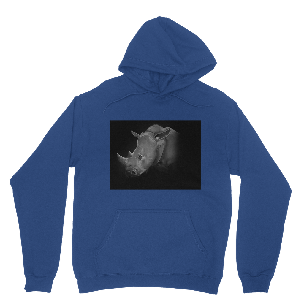 Rhino Classic Adult Hoodie featuring a double fabric hood, kangaroo pouch pocket, and ribbed cuffs, ideal for customization.