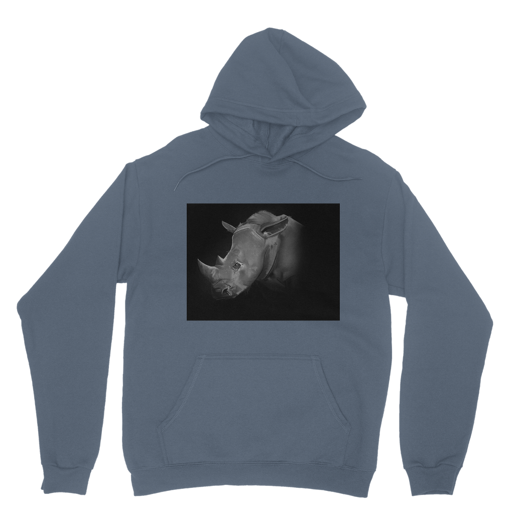 Rhino Classic Adult Hoodie featuring a double fabric hood, kangaroo pouch pocket, and ribbed cuffs, ideal for customization.