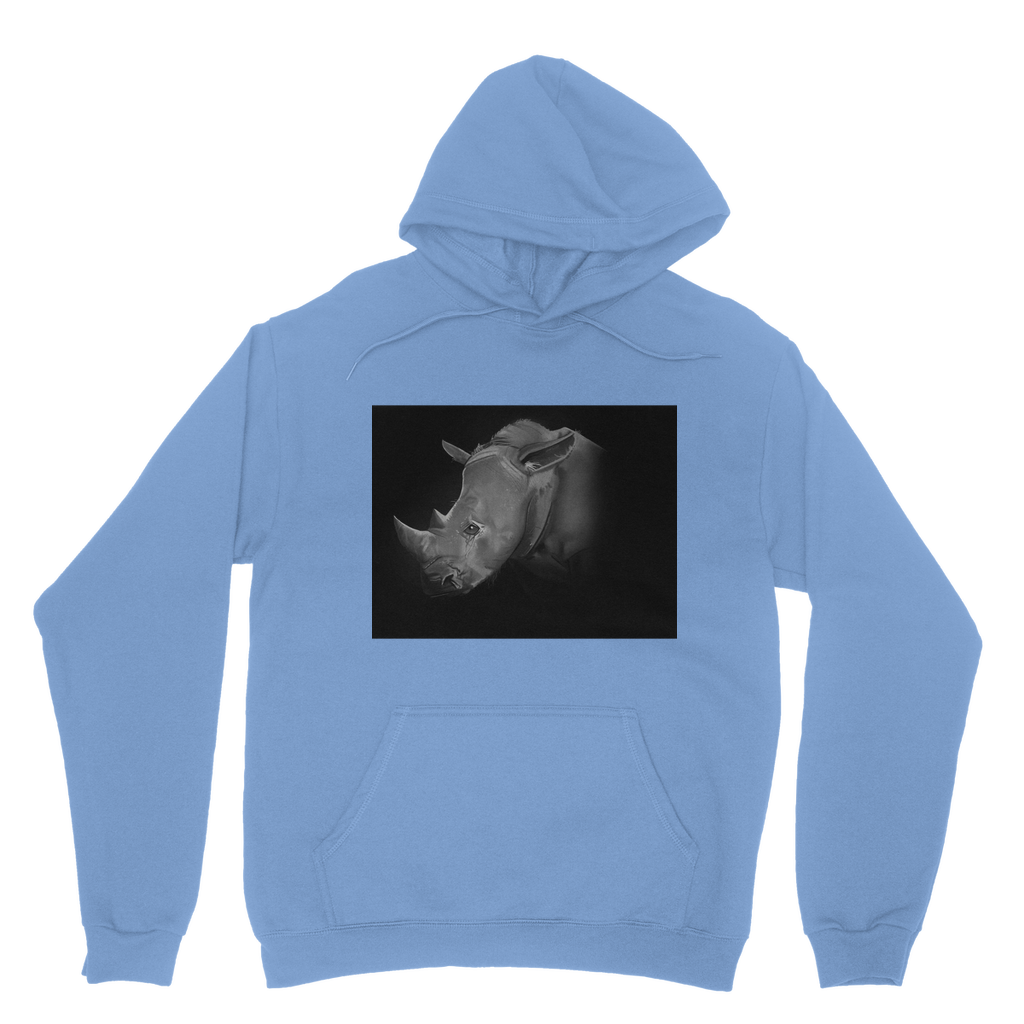 Rhino Classic Adult Hoodie featuring a double fabric hood, kangaroo pouch pocket, and ribbed cuffs, ideal for customization.