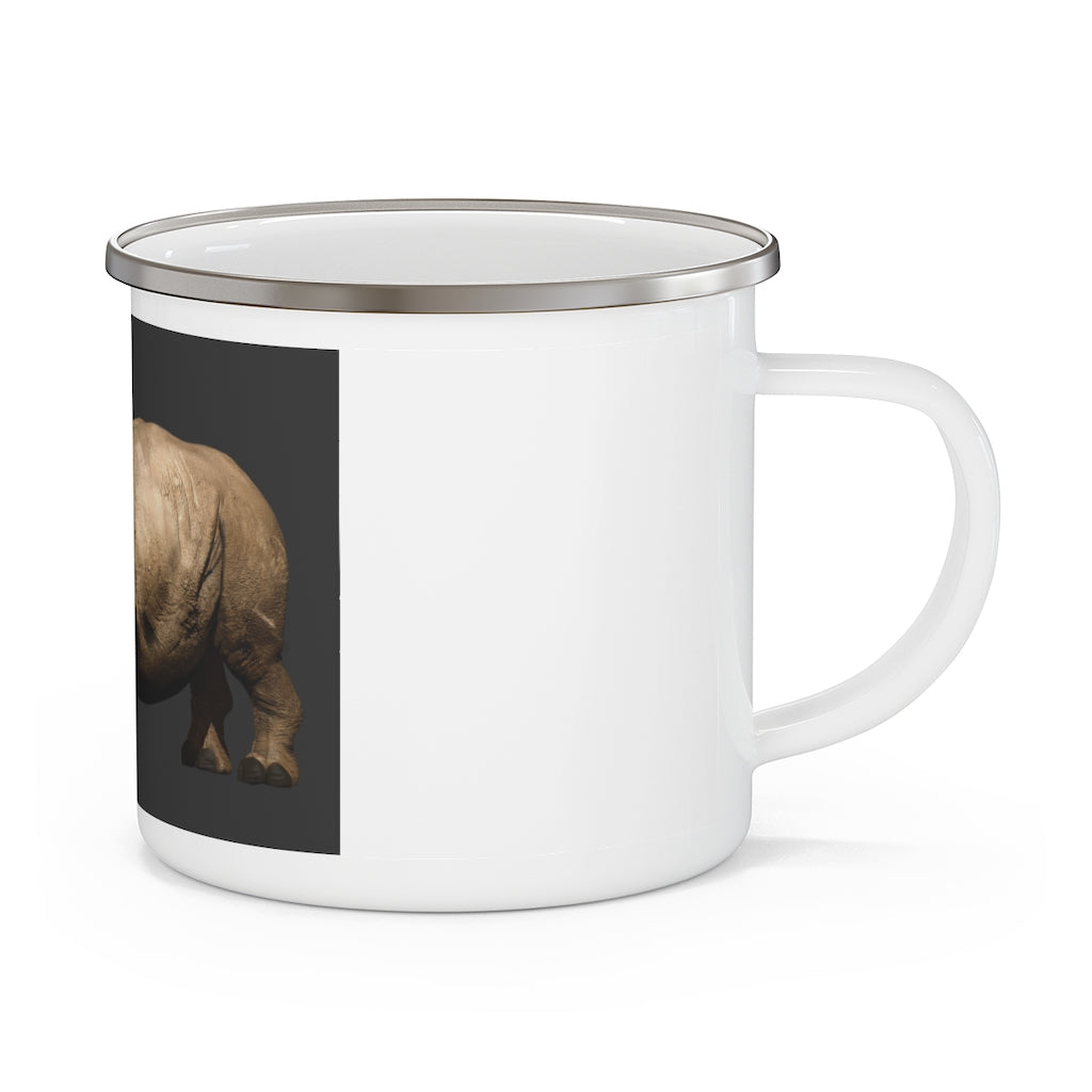 Rhino Enamel Camping Mug with a C-handle, showcasing a personalized design, perfect for outdoor adventures.