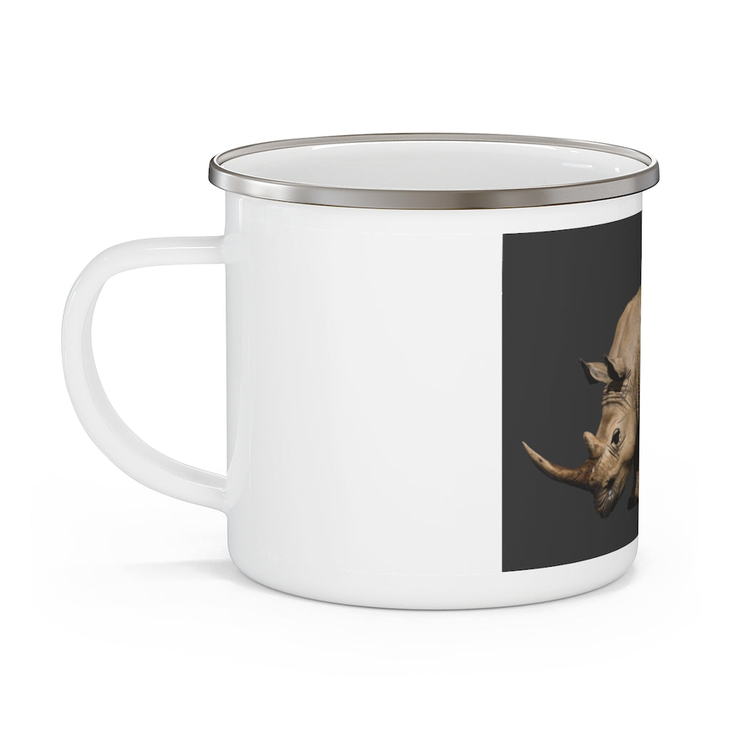 Rhino Enamel Camping Mug with a C-handle, showcasing a personalized design, perfect for outdoor adventures.