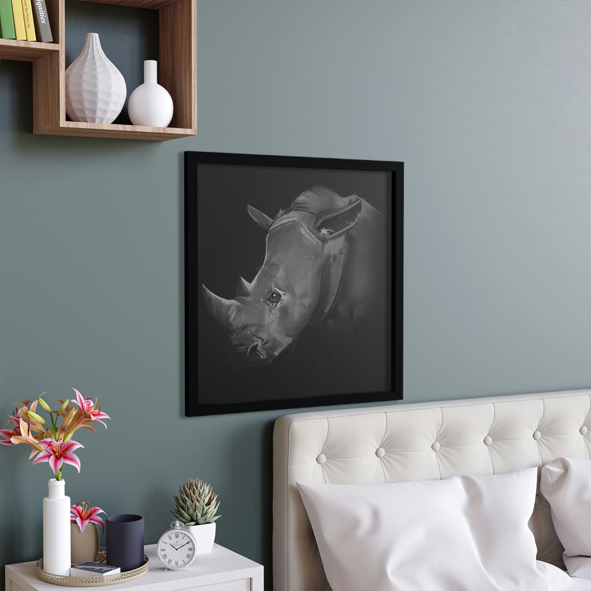 Rhino Framed Poster with a hand-crafted wooden frame, showcasing vibrant colors and intricate details, perfect for home decor.