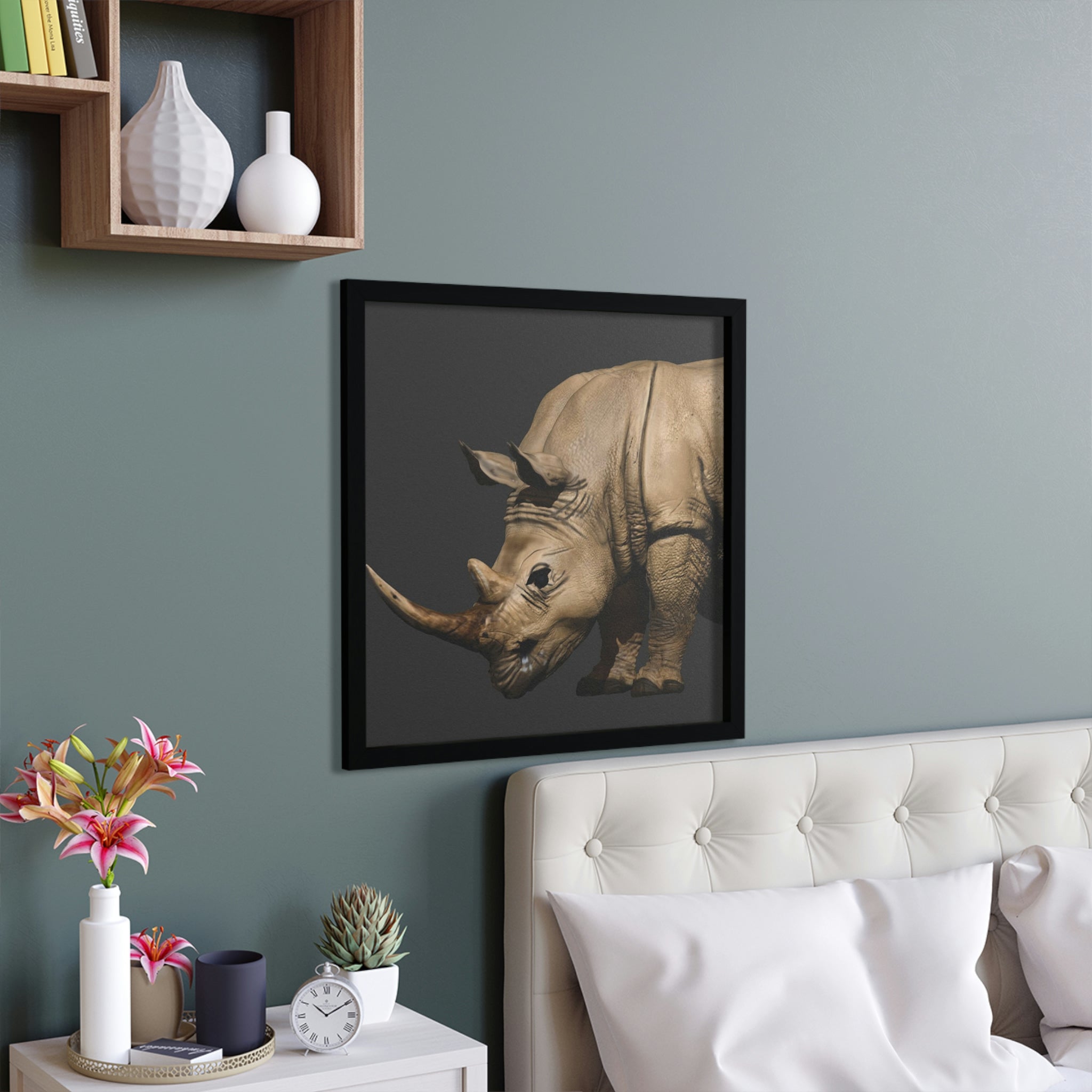 Rhino Framed Poster showcasing a hand-crafted wooden frame and vibrant artwork, perfect for home decor.