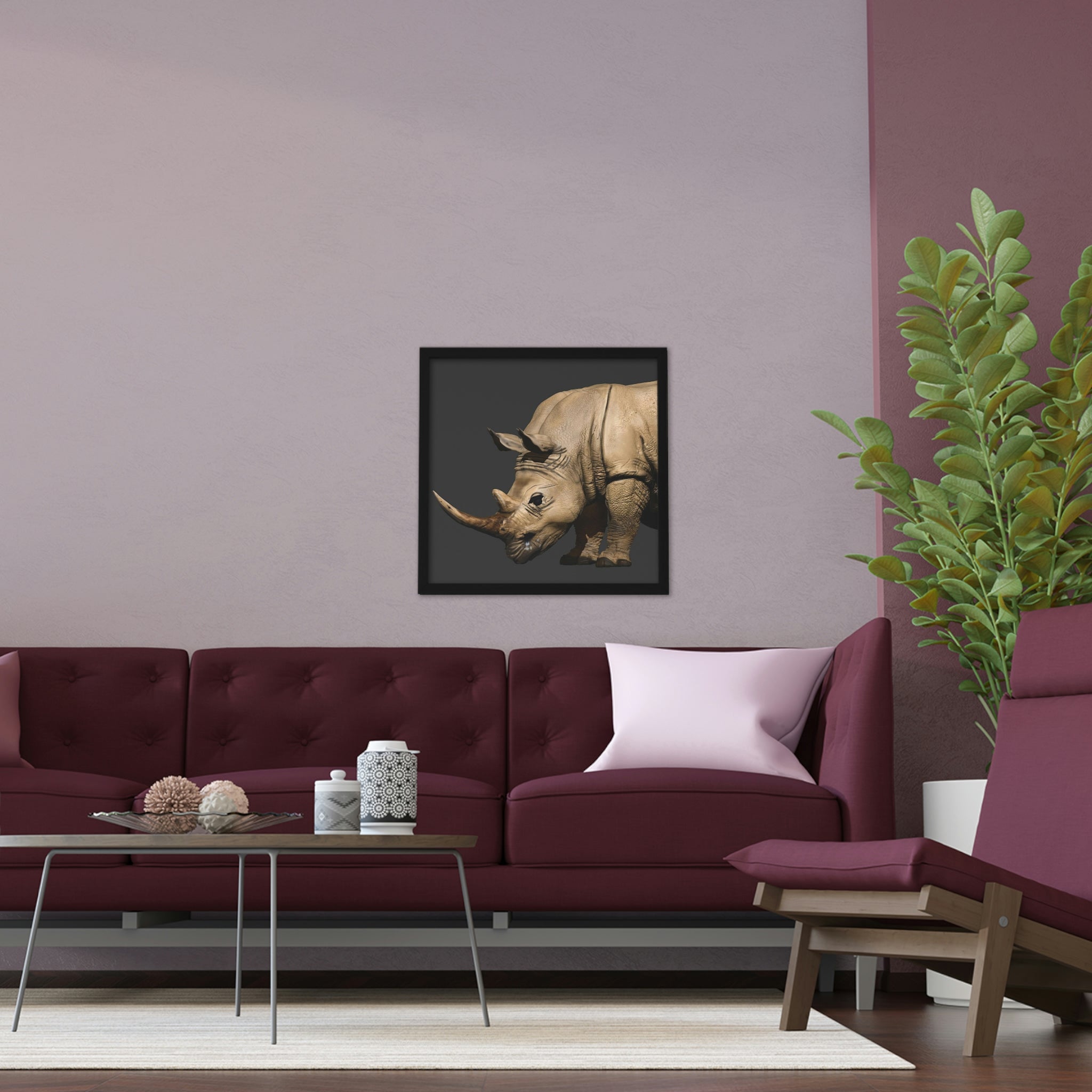 Rhino Framed Poster showcasing a hand-crafted wooden frame and vibrant artwork, perfect for home decor.