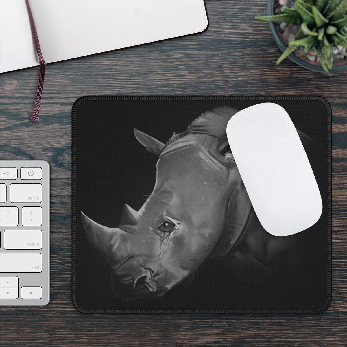 Rhino Gaming Mouse Pad featuring vibrant custom designs, smooth surface, and stitched edges for durability.