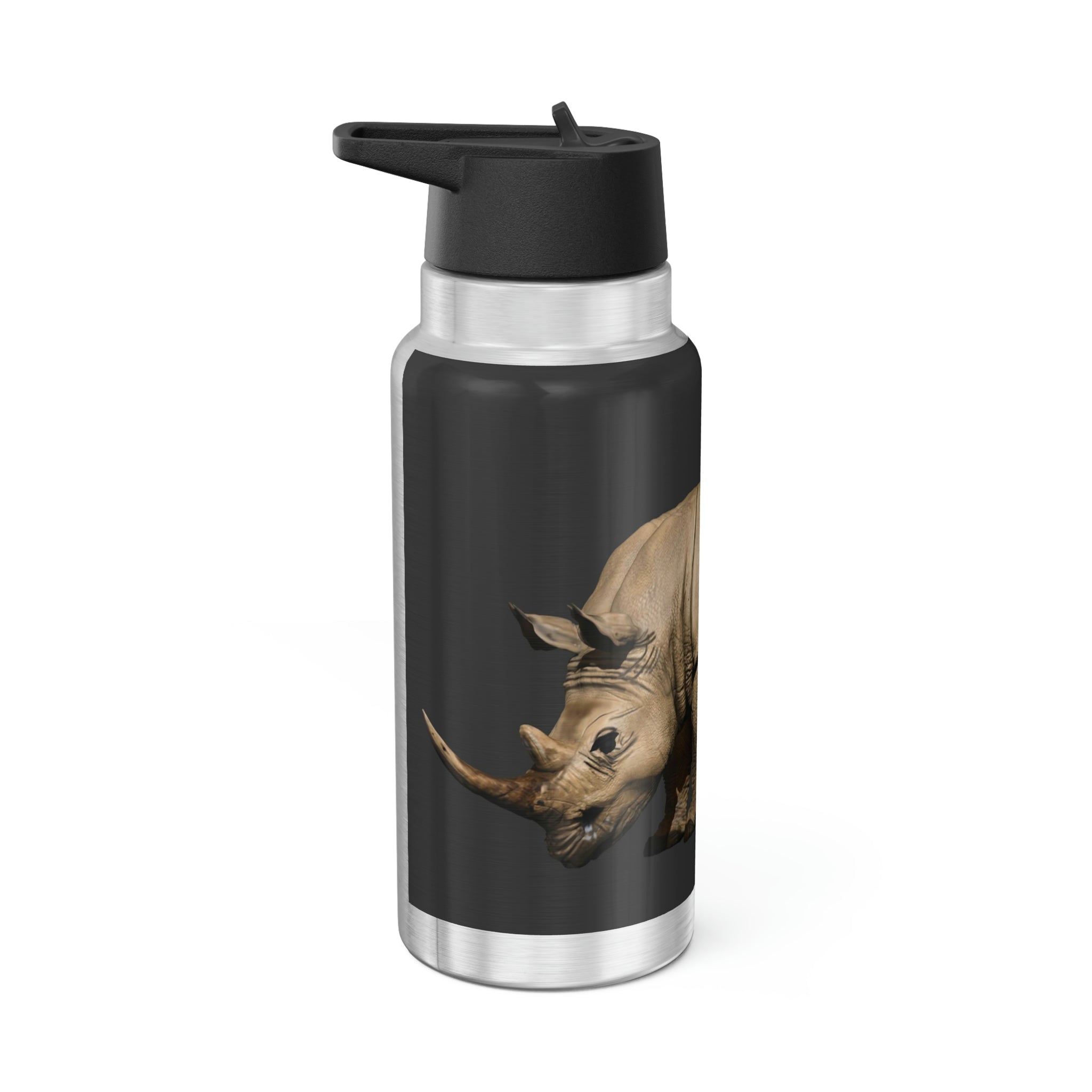 Rhino Gator Tumbler in stainless steel with a black cap and straw, showcasing a sleek design and 32oz capacity.