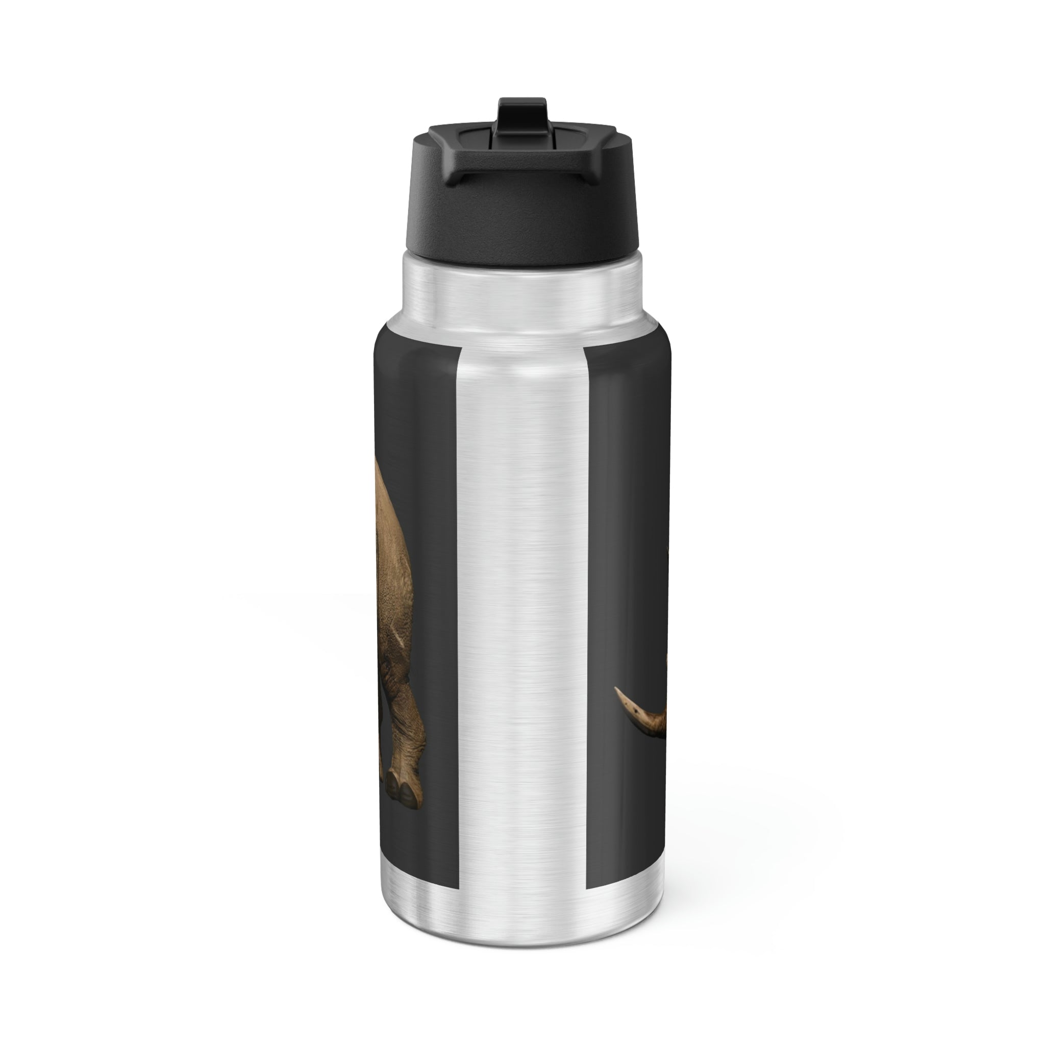 Rhino Gator Tumbler in stainless steel with a black cap and straw, showcasing a sleek design and 32oz capacity.