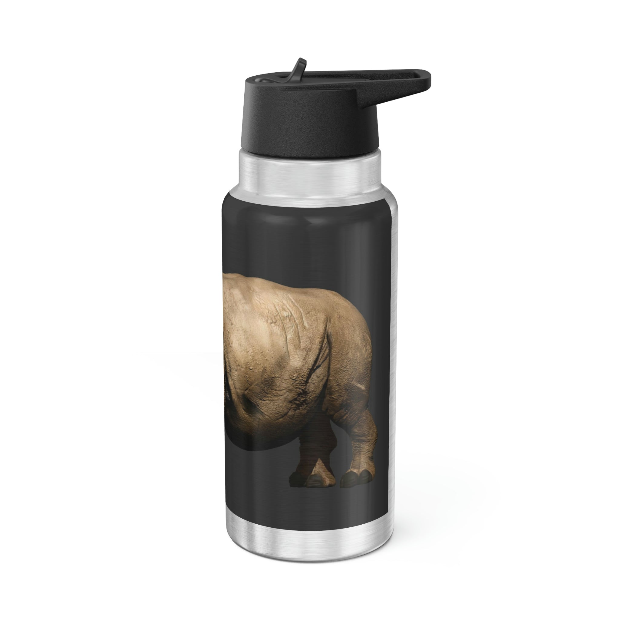 Rhino Gator Tumbler in stainless steel with a black cap and straw, showcasing a sleek design and 32oz capacity.