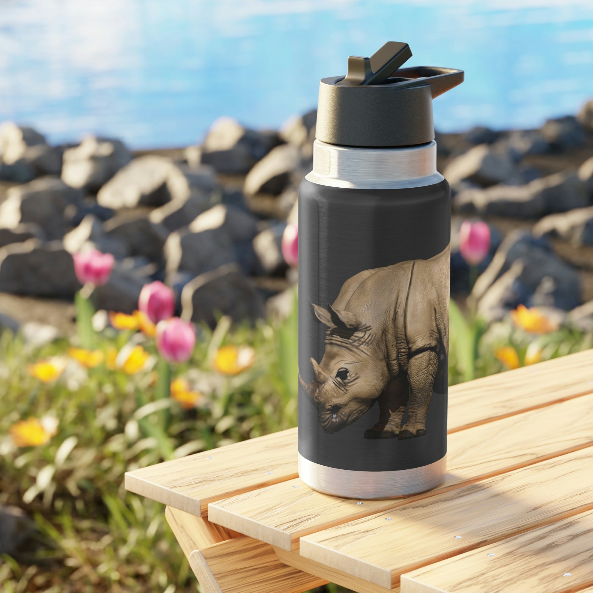 Rhino Gator Tumbler in stainless steel with a black cap and straw, showcasing a sleek design and 32oz capacity.