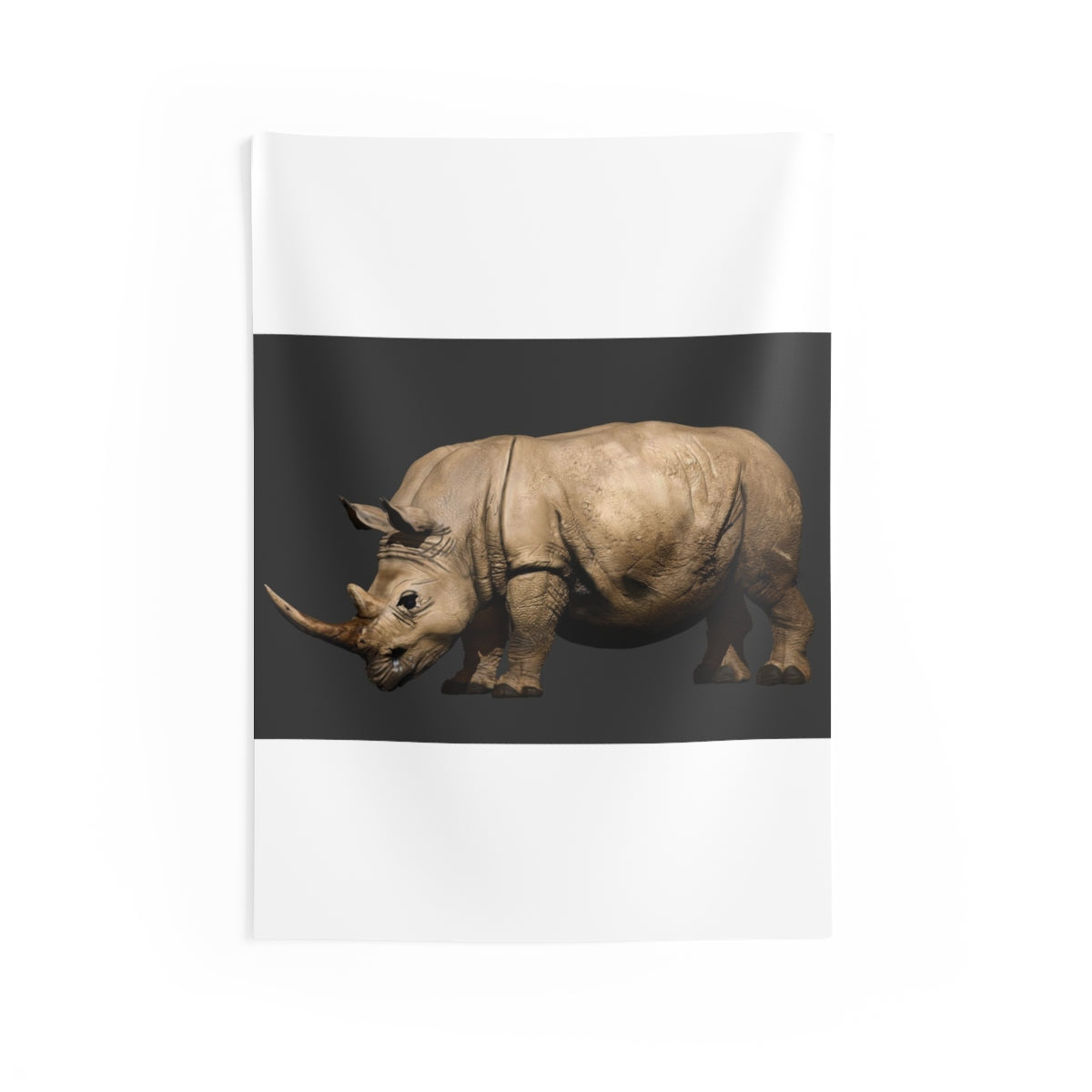 A vibrant Rhino Indoor Wall Tapestry showcasing intricate designs, made from durable polyester with hemmed edges.