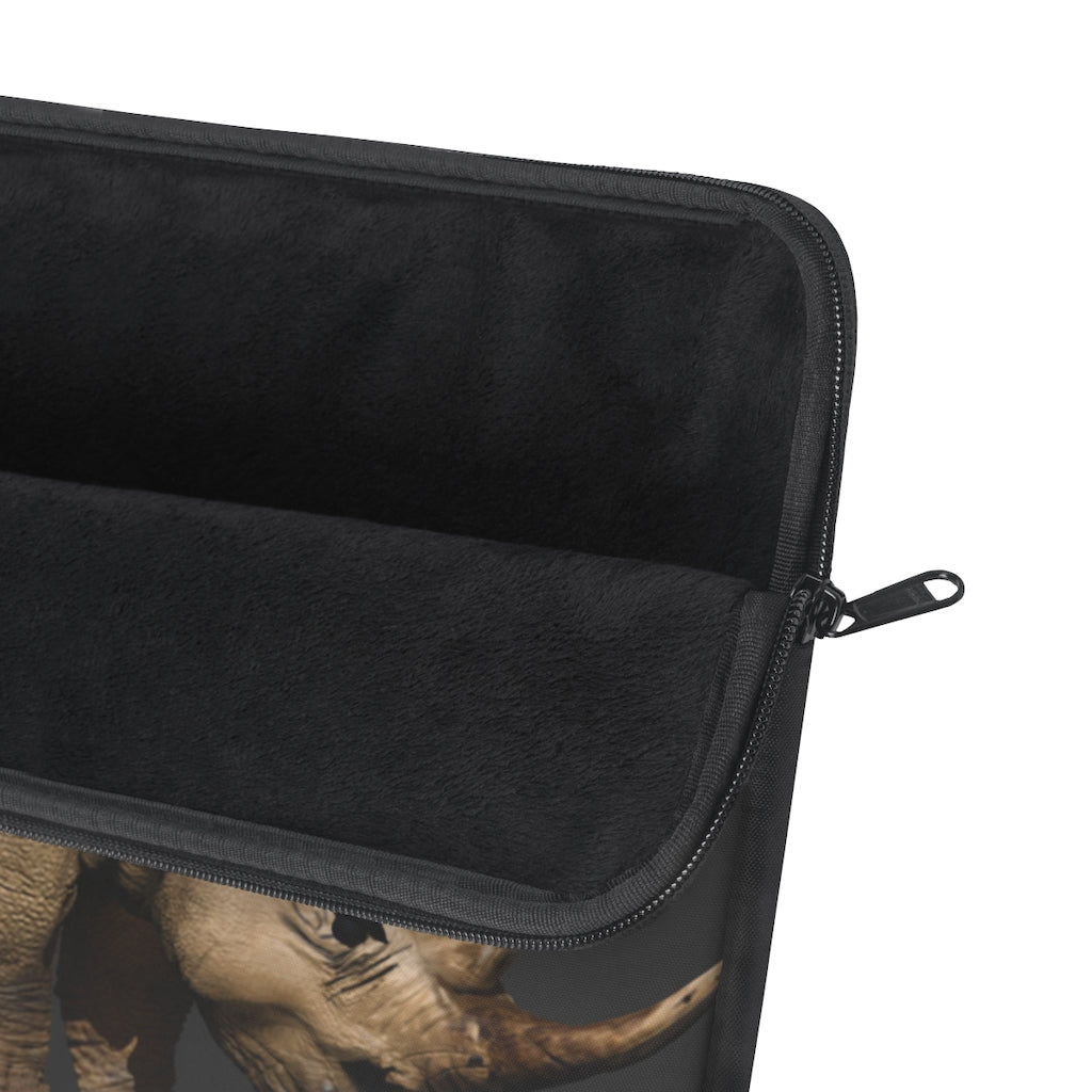 Rhino Laptop Sleeve featuring stylish print on one side and black polyester back, designed for protection and elegance.