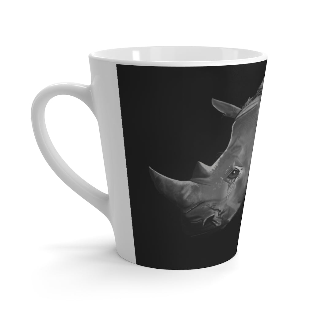 A stylish Rhino Latte Mug made of durable white ceramic, featuring rounded corners and a comfortable C-handle, perfect for enjoying lattes.