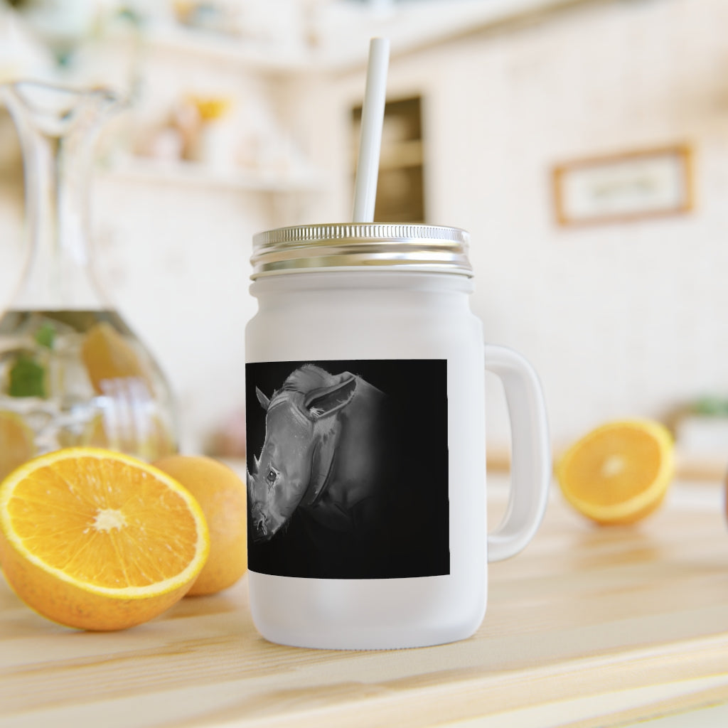 A stylish Rhino Mason Jar made of frosted glass, featuring a lid and straw, perfect for personalized drinks.