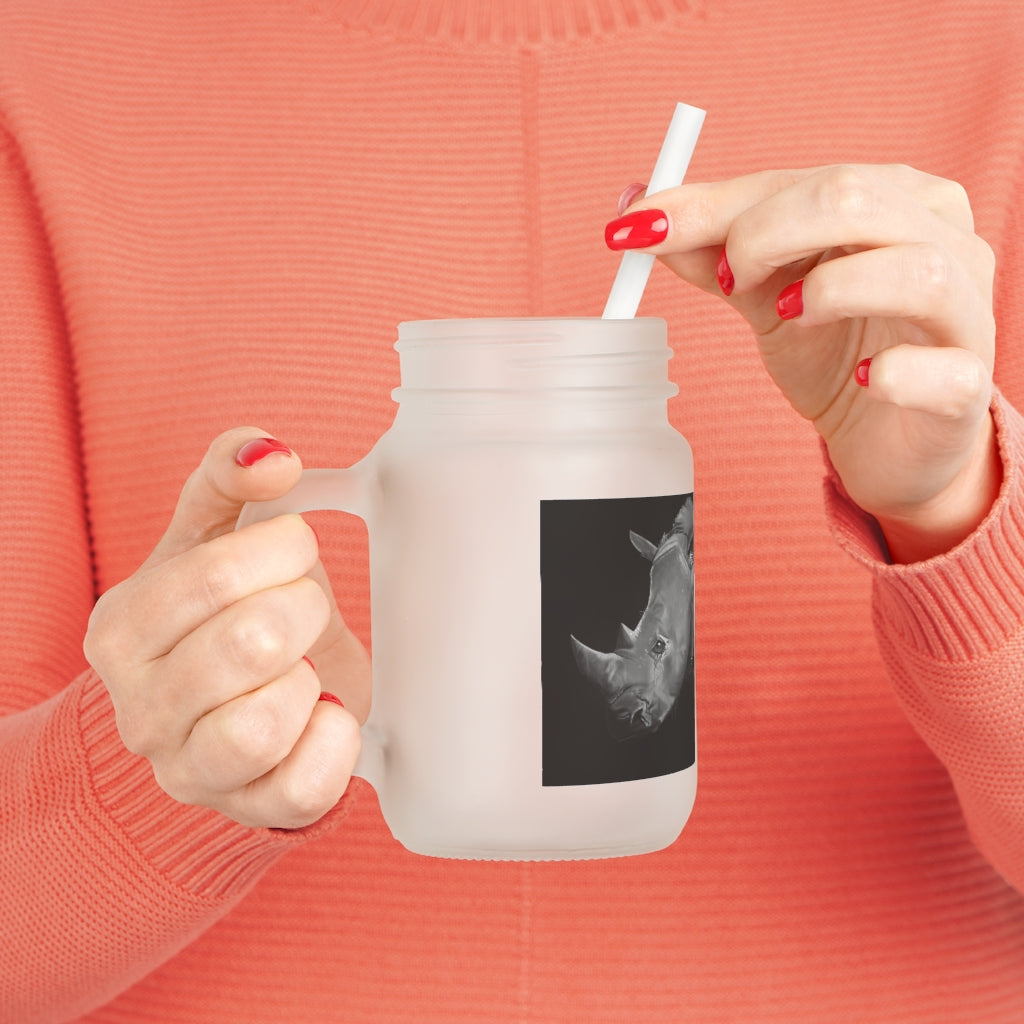 A stylish Rhino Mason Jar made of frosted glass, featuring a lid and straw, perfect for personalized drinks.