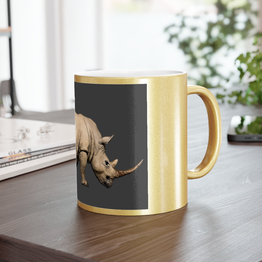 Rhino Metallic Mug in Gold and Silver finishes, showcasing personalized designs and a sleek ceramic body.