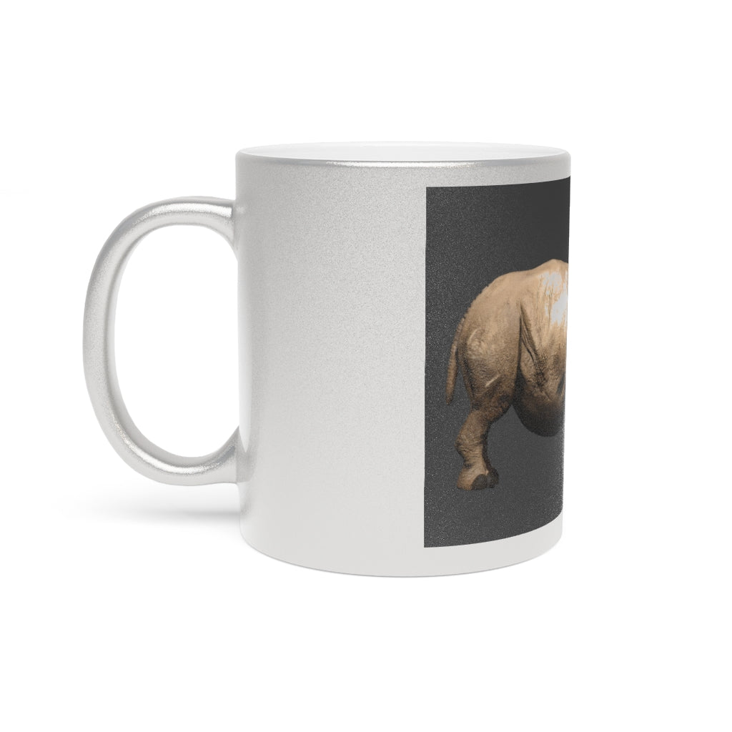 Rhino Metallic Mug in Gold and Silver finishes, showcasing personalized designs and a sleek ceramic body.