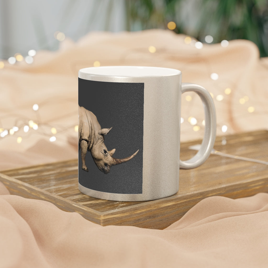 Rhino Metallic Mug in Gold and Silver finishes, showcasing personalized designs and a sleek ceramic body.