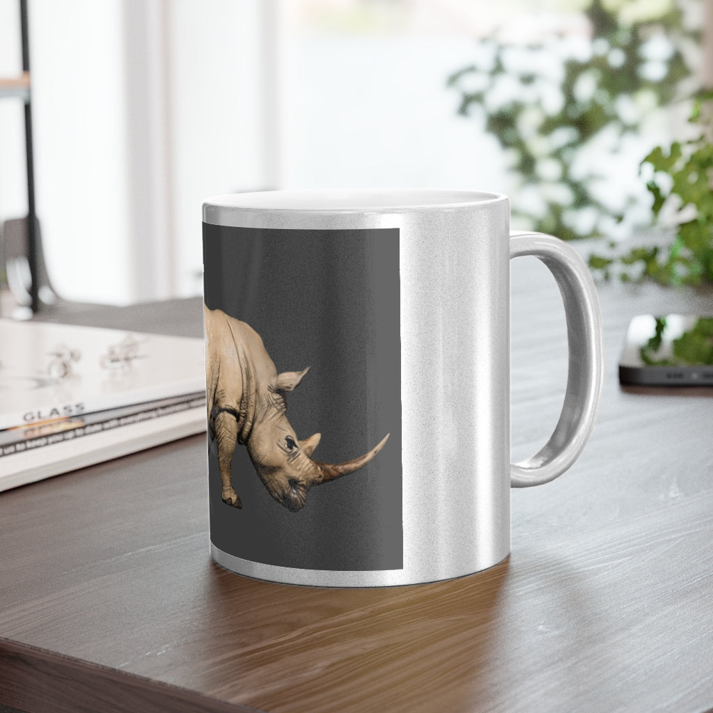 Rhino Metallic Mug in Gold and Silver finishes, showcasing personalized designs and a sleek ceramic body.