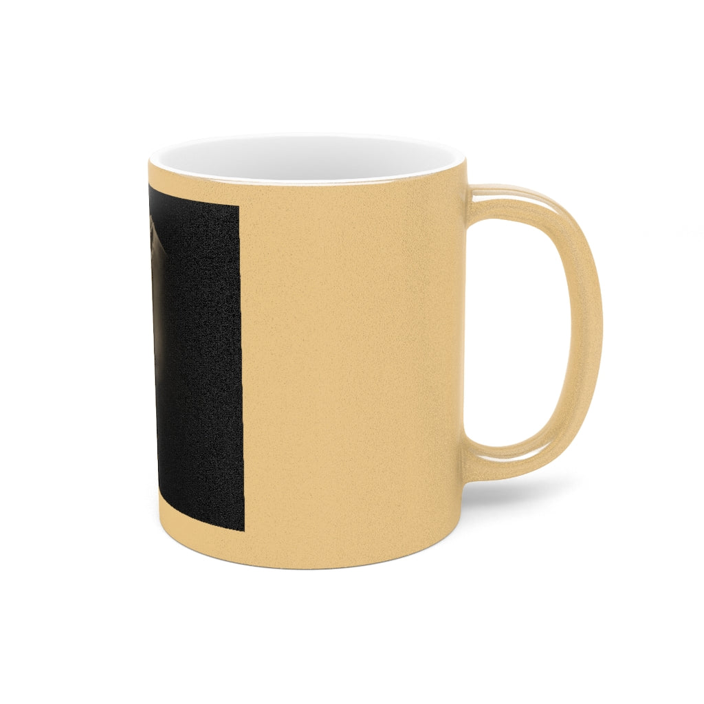 Rhino Metallic Mug in Silver and Gold, showcasing a sleek ceramic design with a C-handle, perfect for personalized coffee experiences.