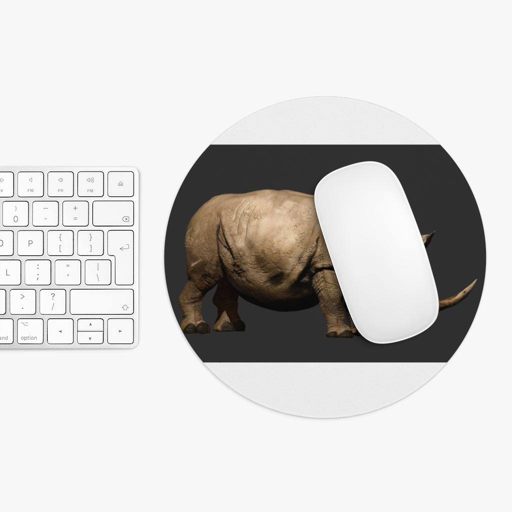 Rhino Mouse Pad in round and rectangular shapes, featuring vibrant colors and a non-slip rubber bottom.