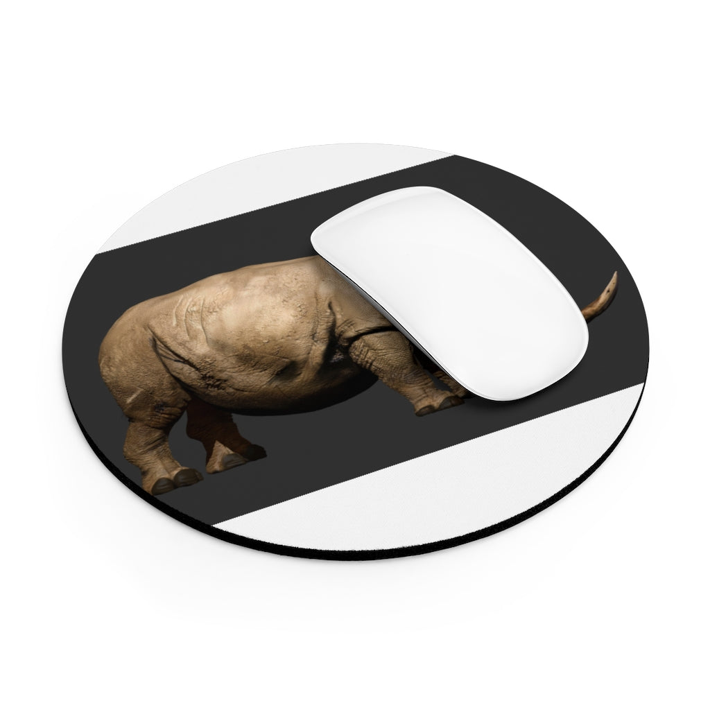 Rhino Mouse Pad in round and rectangular shapes, featuring vibrant colors and a non-slip rubber bottom.