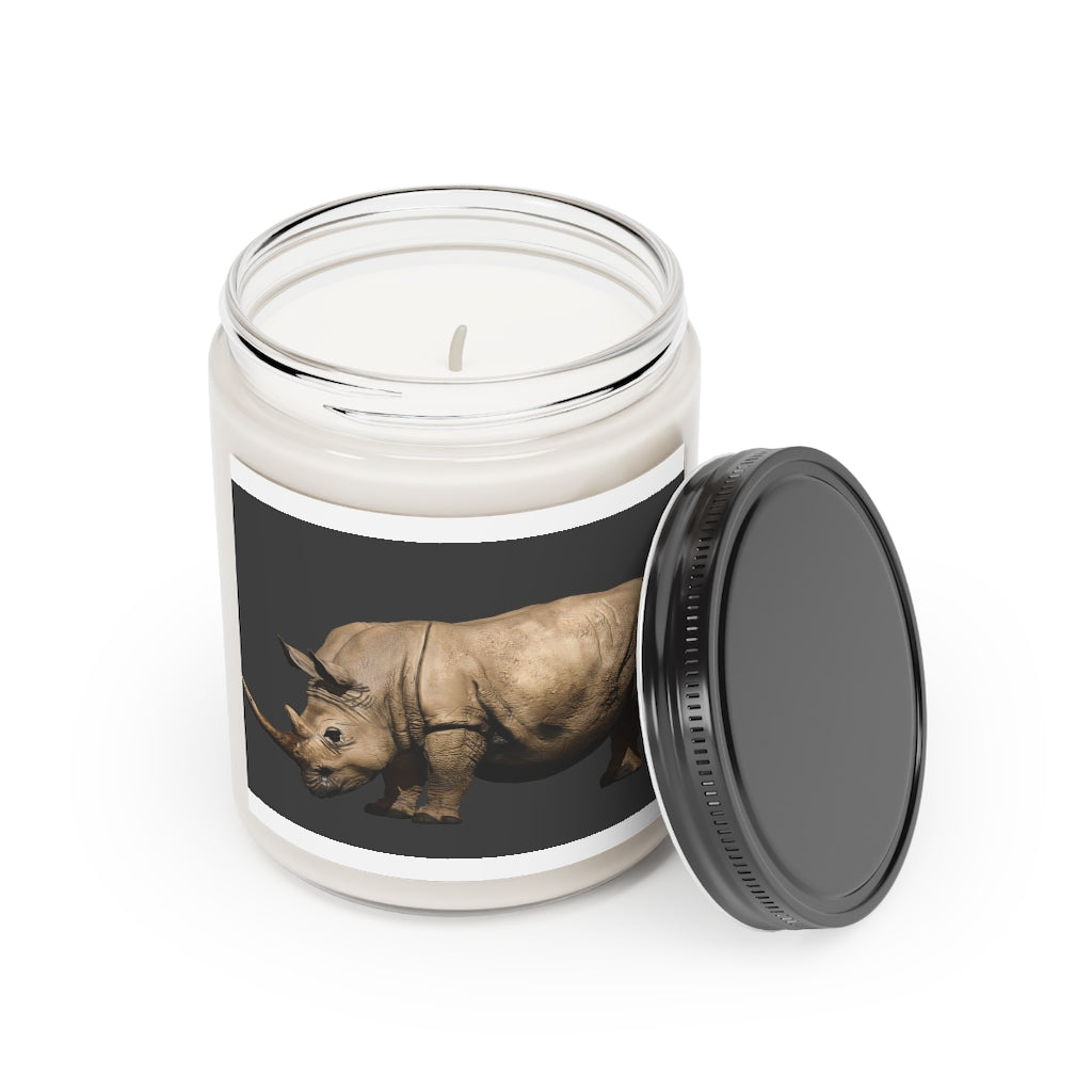 Rhino Scented Candle in a glass container, featuring a warm Cinnamon Stick and Vanilla fragrance, hand-poured from vegan soy coconut wax.