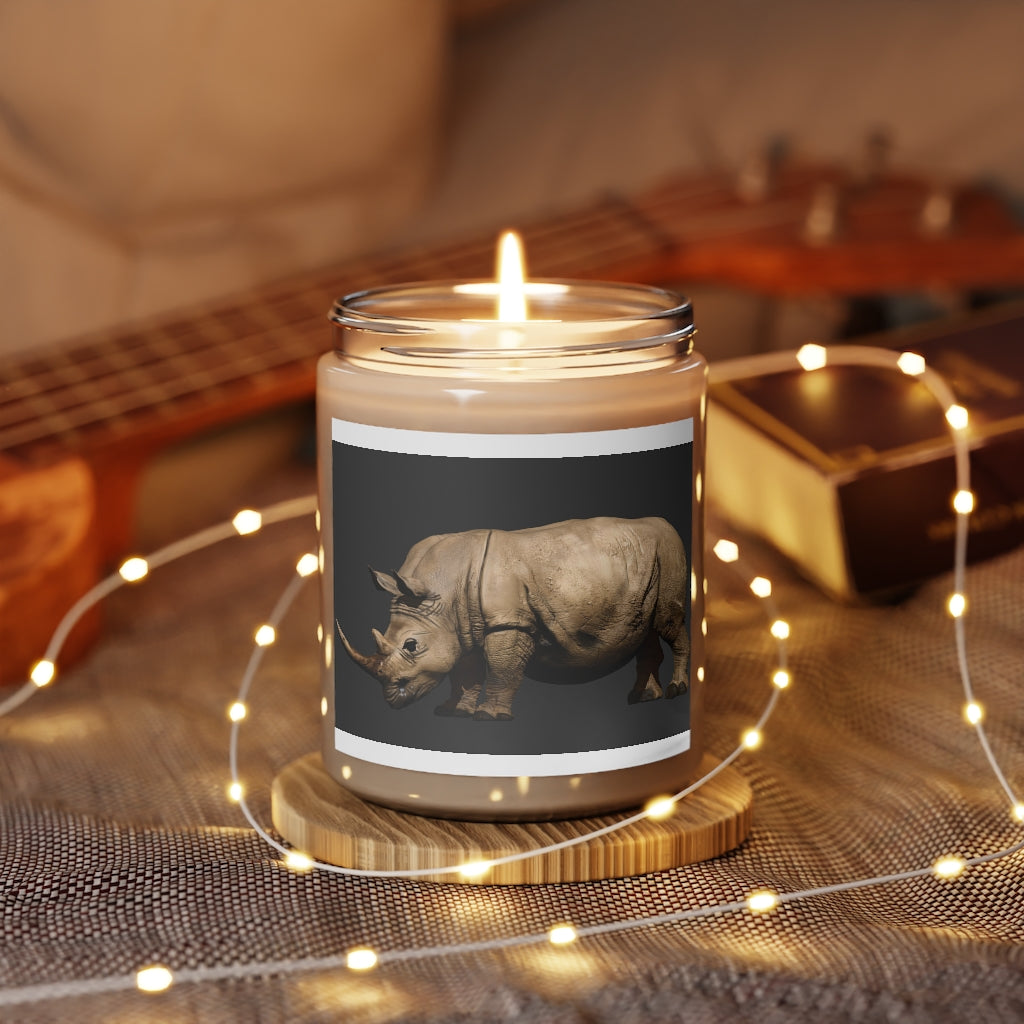 Rhino Scented Candle in a glass container, featuring a warm Cinnamon Stick and Vanilla fragrance, hand-poured from vegan soy coconut wax.