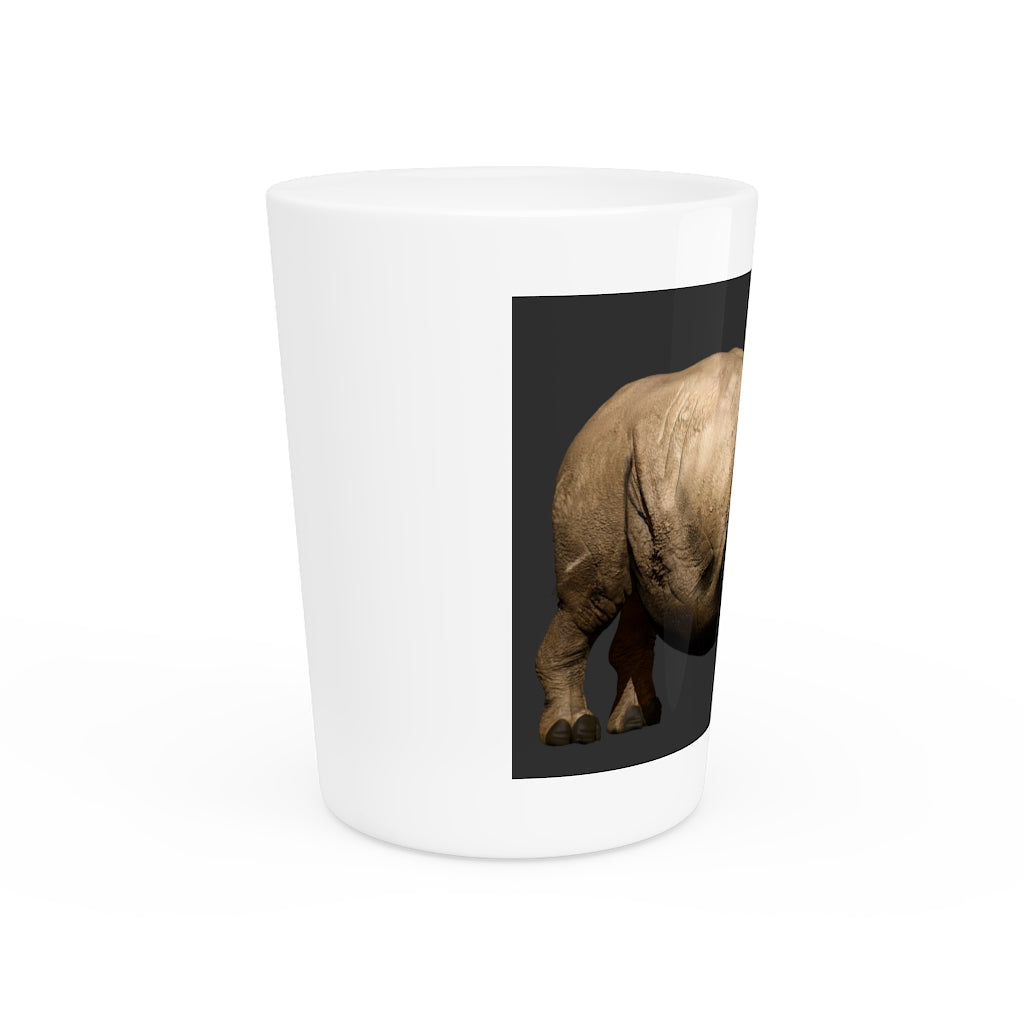 Personalized Rhino Shot Glass with white ceramic and customizable interior options.