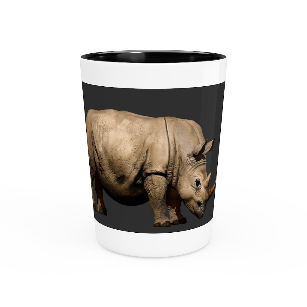 Personalized Rhino Shot Glass with white ceramic and customizable interior options.