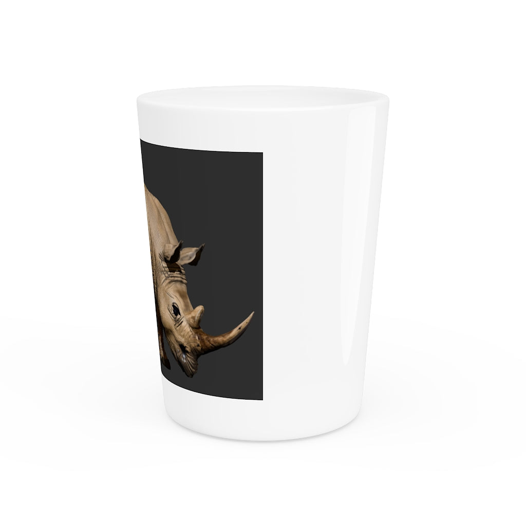 Personalized Rhino Shot Glass with white ceramic and customizable interior options.